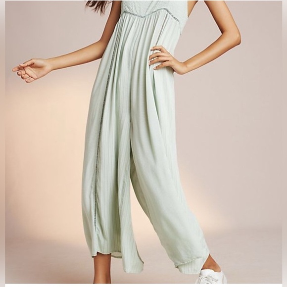ANTHROPOLOGIE Lilka Womens Mint Green Halsey Embroidered Wide Leg Jumpsuit Large - Picture 3 of 15